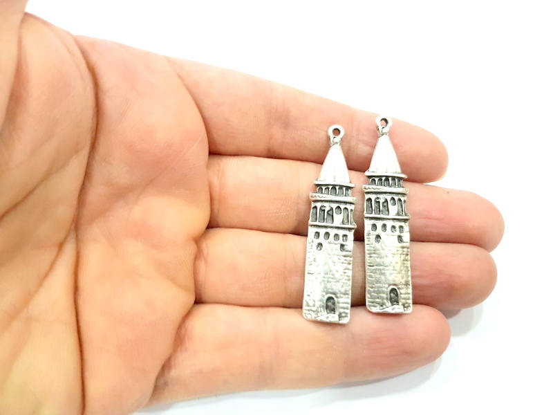 2 Galata Tower Charms Antique Silver Plated Charms (50x10mm) G10331