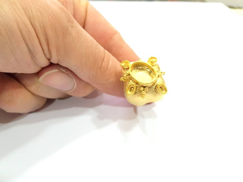 Gold Ring Blank Ring Settings Ring Bezel Base Cabochon Mountings Adjustable  (14x10mm and 5x3mm blank ) Gold Plated Brass G10341