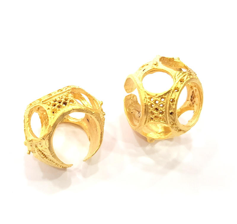 Gold Ring Blank Ring Settings Ring Bezel Base Cabochon Mountings Adjustable  (18mm blank ) Gold Plated Brass G10342