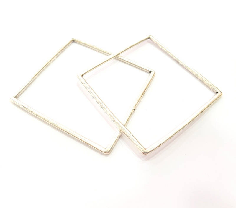 2 Large Square Connector Pendant Antique Silver Plated Metal Geometric Pendants (62mm) G10335