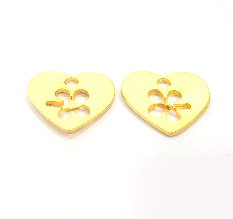 2 Heart Clover Charm Gold Plated Metal Charms  (22x18mm)  G10349