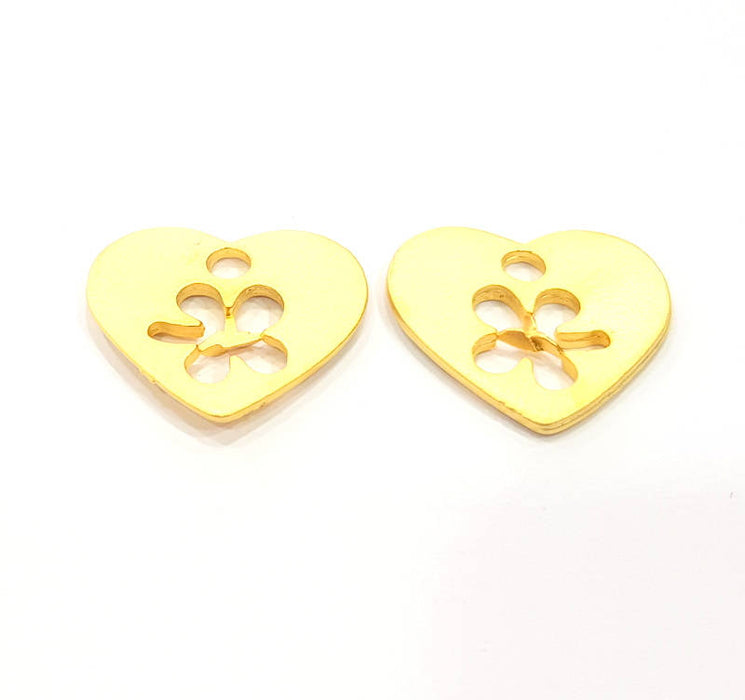 2 Heart Clover Charm Gold Plated Metal Charms  (22x18mm)  G10349