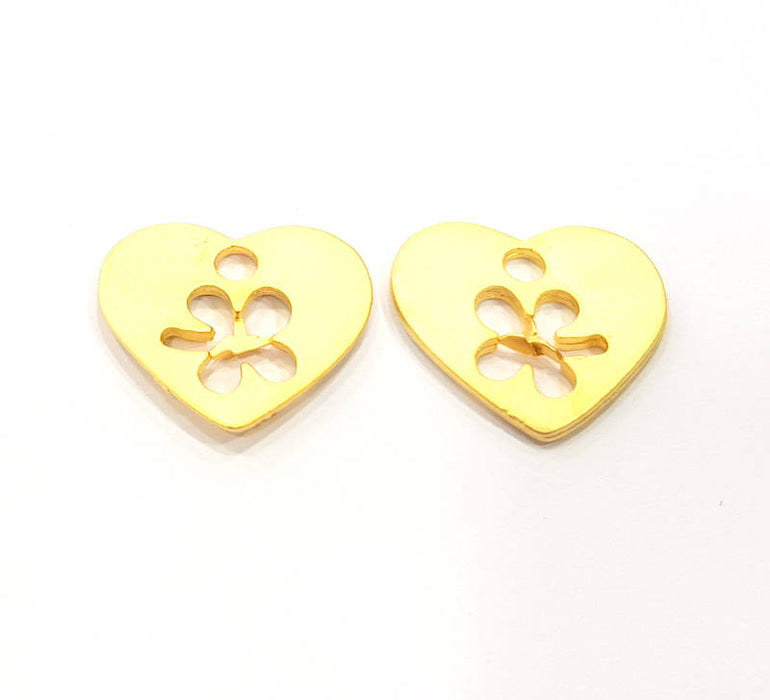 2 Heart Clover Charm Gold Plated Metal Charms  (22x18mm)  G10349