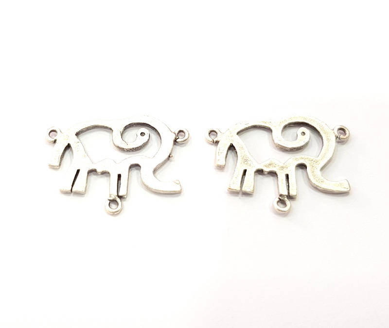 2 Elephant Charms Connector Antique Silver Plated Brass Charms (22x16mm)  G10441