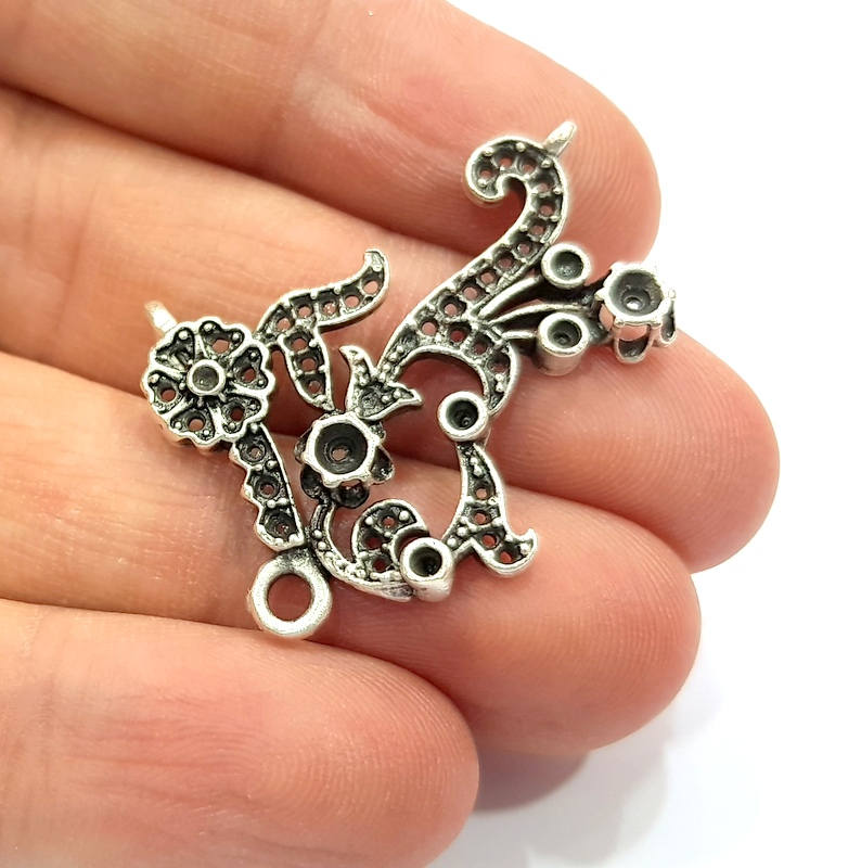 Flower Charms Connector Antique Silver Plated Brass Charms (37x28mm)  G10448