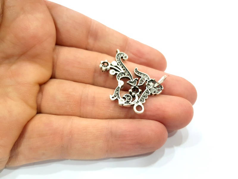 Flower Charms Connector Antique Silver Plated Brass Charms (37x28mm)  G10448