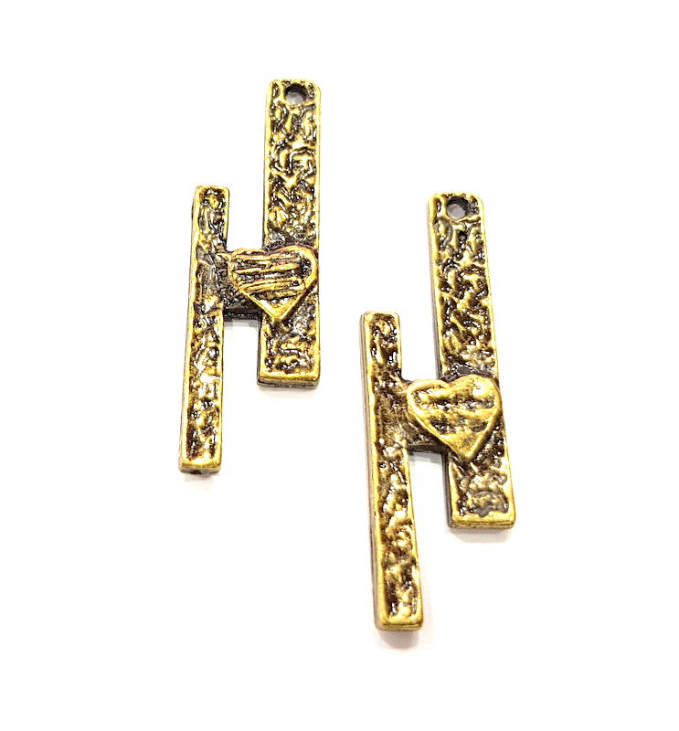4 Hearted Bar Antique Bronze Charm Antique Bronze Plated Metal Charms (40x10mm) G10541