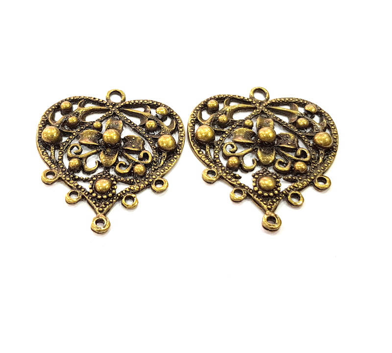 2 Flower Heart Charm Connector Antique Bronze Plated Metal Charms (42x38mm) G10576