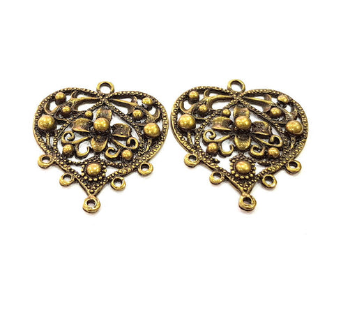 2 Flower Heart Charm Connector Antique Bronze Plated Metal Charms (42x38mm) G10576