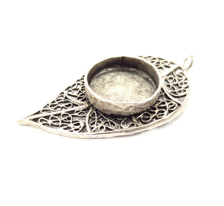 Silver Leaf Pendant Blank Connector Mosaic Base Blank inlay Blank Necklace Blank Resin Blank Antique Silver Plated Brass ( 18mm )  G10893