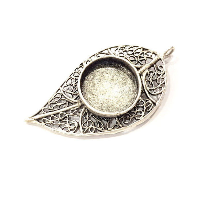 Silver Leaf Pendant Blank Connector Mosaic Base Blank inlay Blank Necklace Blank Resin Blank Antique Silver Plated Brass ( 18mm )  G10893