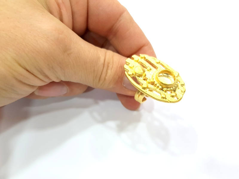 Gold Ring Settings Blank inlay Ring Mosaic Ring Bezel Base Cabochon Mountings Adjustable (10mm blank ) Gold Plated Brass G11022