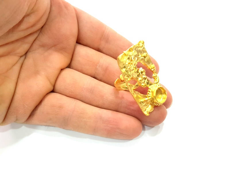 Gold Ring Settings Blank inlay Ring Mosaic Ring Bezel Base Cabochon Mountings Adjustable (10mm blank ) Gold Plated Brass G11039