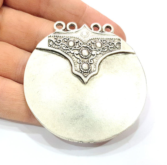 Large Round Pendant Silver Pendant Antique Silver Plated Metal (58mm) G9438