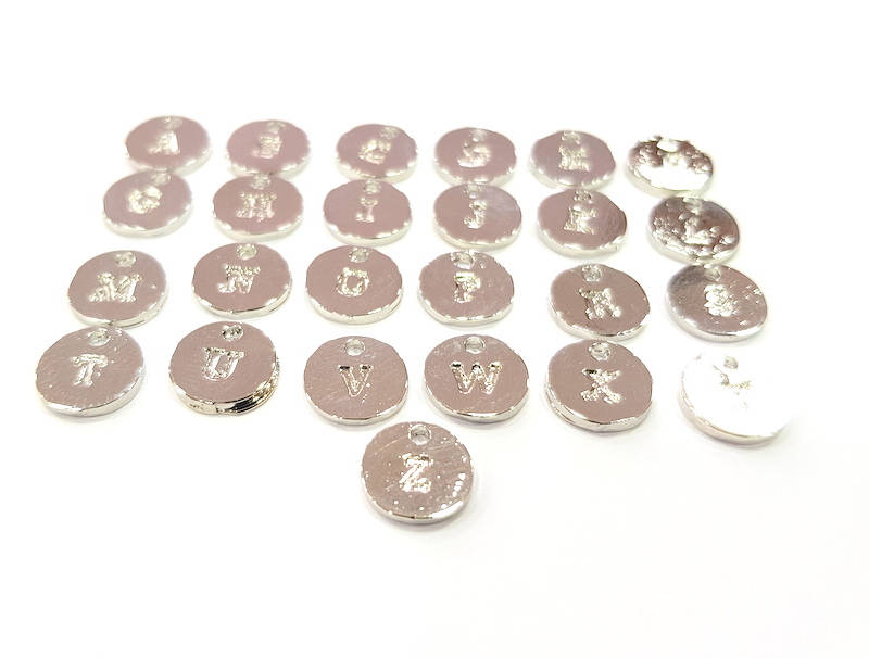 Alphabet Letter Charms Silver Alphabet Charms 10mm , Shiny Silver Plated Charms G9573