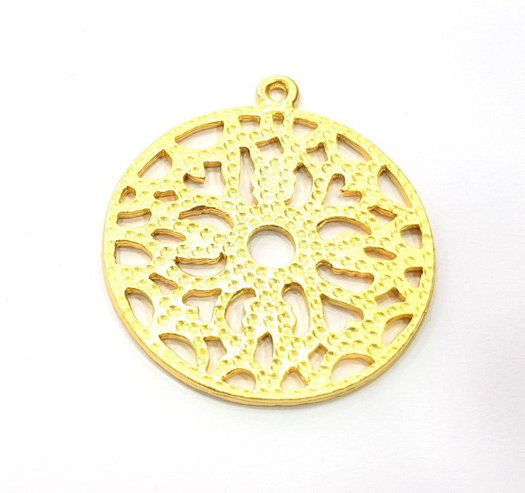 2 Round Patterned Charms Gold Plated Metal (38mm)  G11346