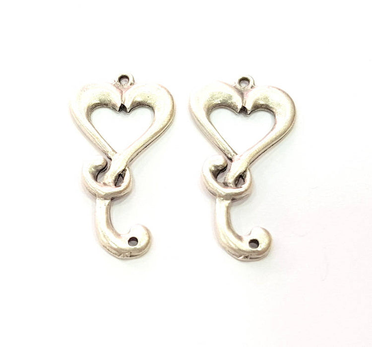 4 Heart Charms Silver Charms Antique Silver Plated Metal (36x19mm) G11373