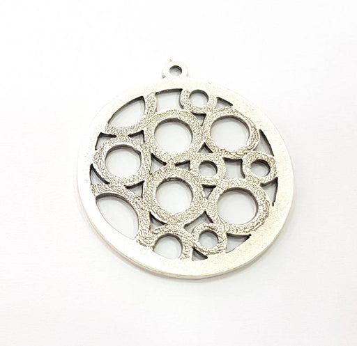 2 Textured Circle Charm Silver Charms Antique Silver Plated Metal (35mm) G11378