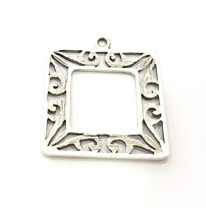 2 Square Frame Charm Silver Charms Antique Silver Plated Metal (34mm) G11380