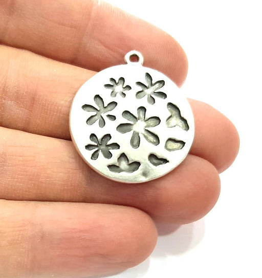 2 Flower Charm Silver Charms Antique Silver Plated Metal (27mm) G11381