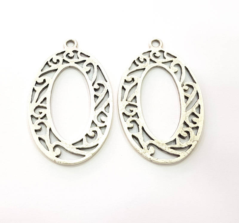 2 Oval Frame Charm Silver Charms Antique Silver Plated Metal (48x29mm) G11383