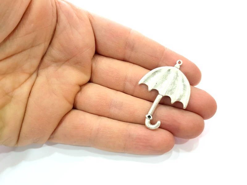 2 Umbrella Charm Silver Charms Antique Silver Plated Metal (44x30mm) G11386