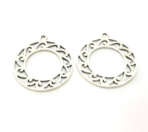 2 Round Frame Charm Silver Charms Antique Silver Plated Metal (35mm) G11391