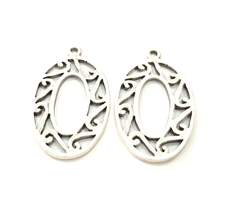 4 Oval Frame Charm Silver Charms Antique Silver Plated Metal (32x19mm) G11393