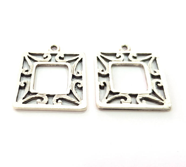 4 Square Frame Charm Silver Charms Antique Silver Plated Metal (21mm) G11398