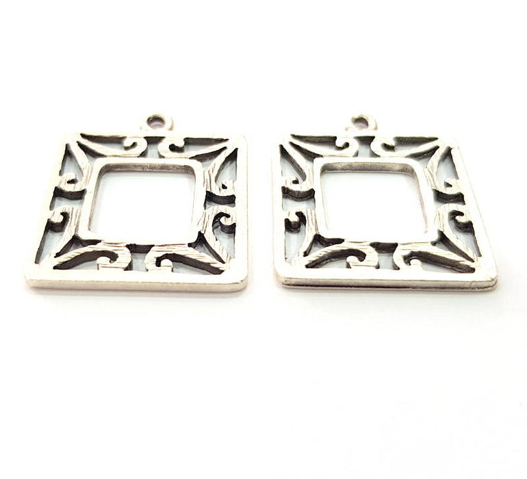 4 Square Frame Charm Silver Charms Antique Silver Plated Metal (21mm) G11398