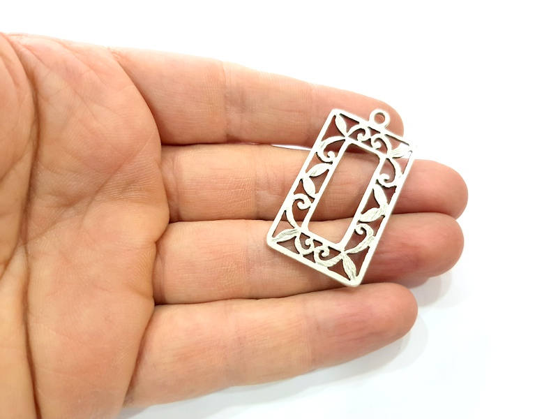 2 Rectangle Frame Charm Silver Charms Antique Silver Plated Metal (46x24mm) G11400