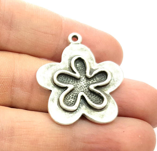 2 Flower Charm Silver Charms Antique Silver Plated Metal (30mm) G14602