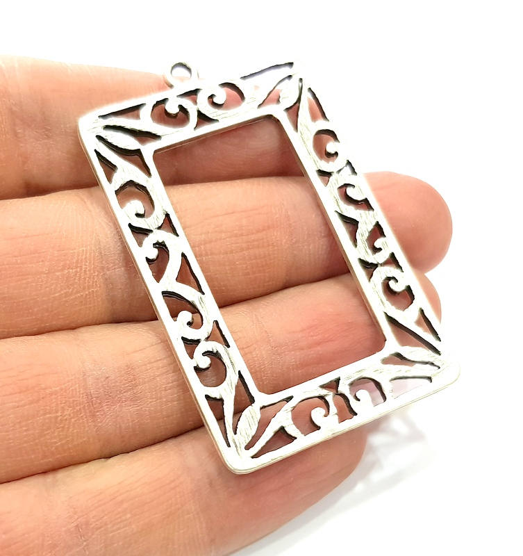 Rectangle Frame Pendant Silver Pendant Antique Silver Plated Metal (60x36mm) G11408