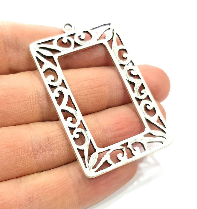 Rectangle Frame Pendant Silver Pendant Antique Silver Plated Metal (60x36mm) G11408