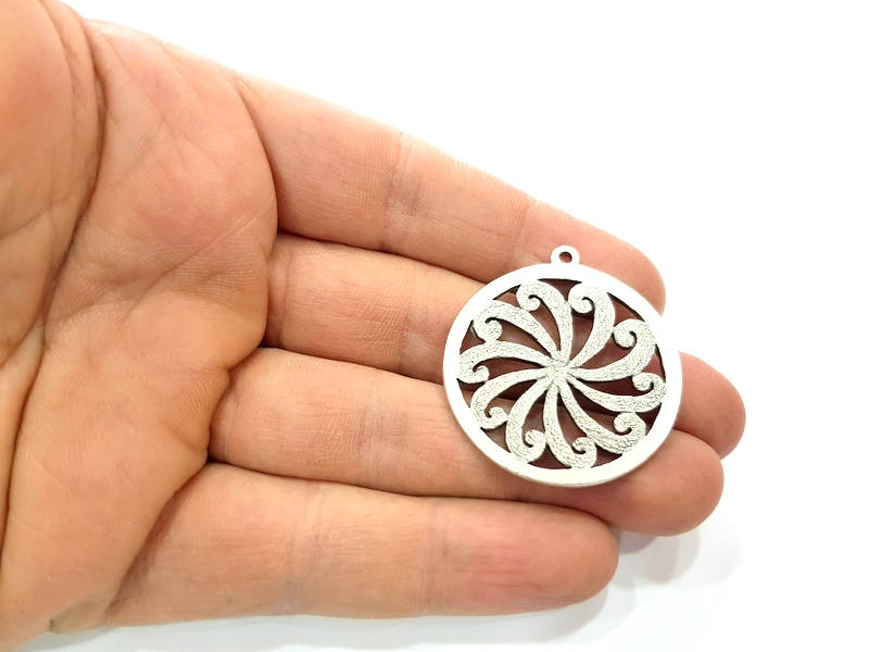 2 Textured Turbine Circle Charm Silver Charms Antique Silver Plated Metal (35mm) G11416