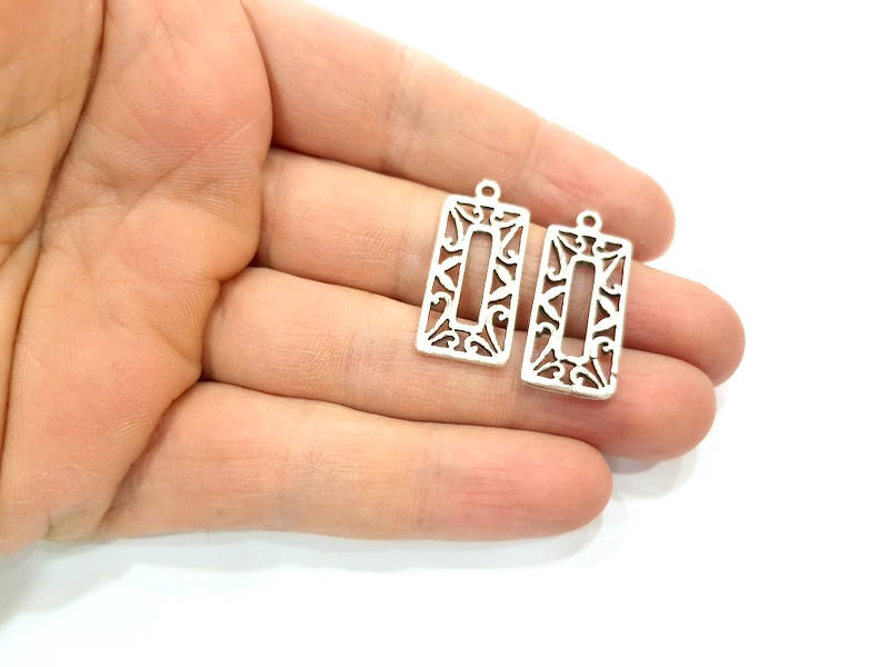 4 Rectangle Frame Charm Silver Charms Antique Silver Plated Metal (30x14mm) G11417