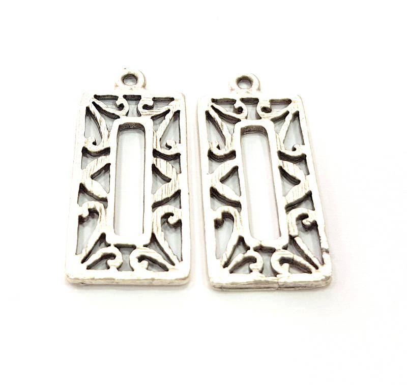 4 Rectangle Frame Charm Silver Charms Antique Silver Plated Metal (30x14mm) G11417