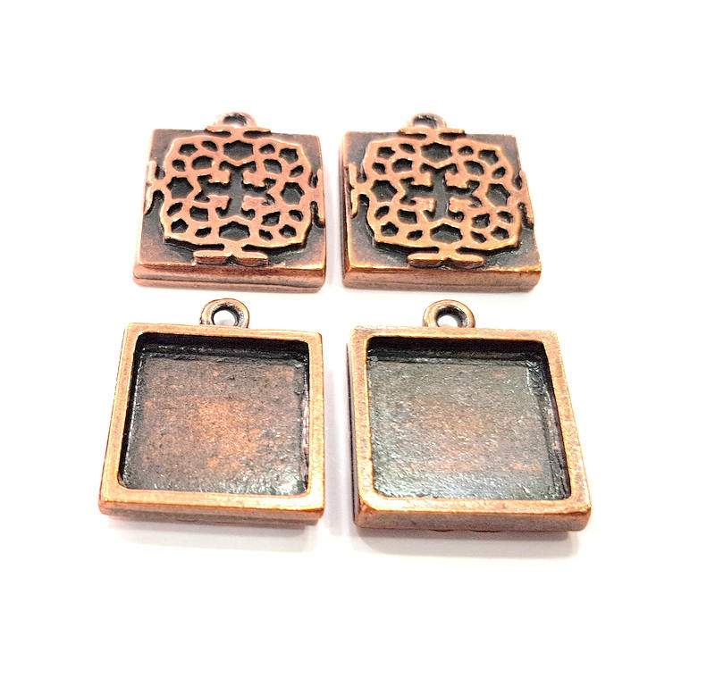 4 Copper Pendant Blank Mosaic Base inlay Blank Necklace Blank Resin Mountings Antique Copper Plated Metal ( 16x16 mm square blank) G11502