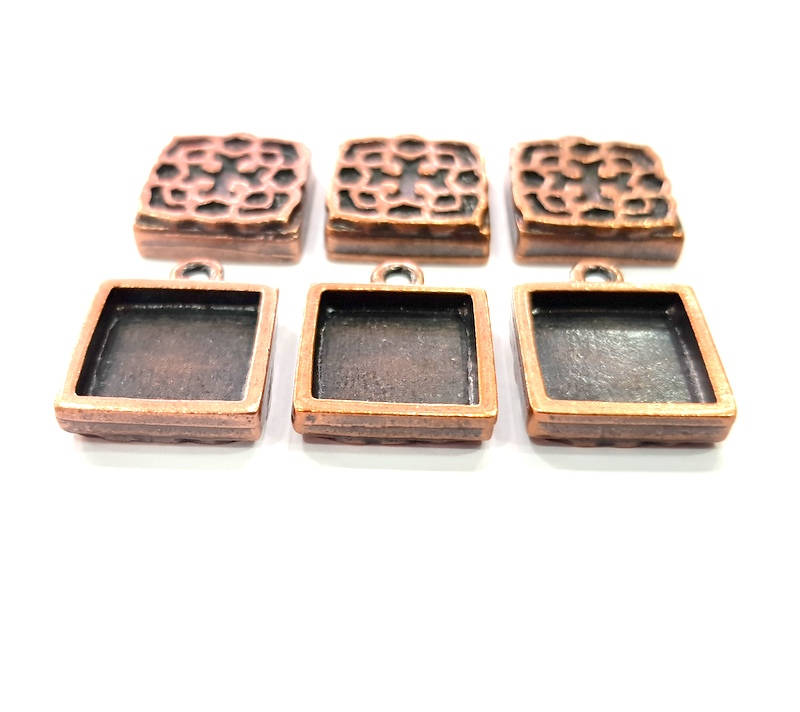 6 Copper Pendant Blank Mosaic Base inlay Blank Necklace Blank Resin Mountings Antique Copper Plated Metal ( 12x12 mm square blank) G11506