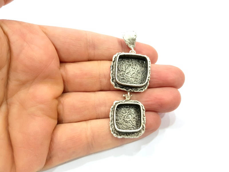 Silver Pendant Blank Resin Blank Mosaic Base Blank inlay Blank Necklace Blank Mountings Antique Silver Plated Brass (66x26mm )  G9704