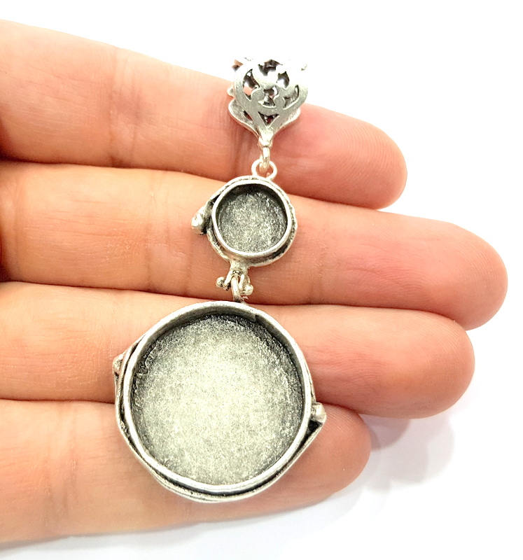 Silver Pendant Blank Resin Blank Mosaic Base Blank inlay Blank Necklace Blank Mountings Antique Silver Plated Brass (10mm+25mm )  G9711