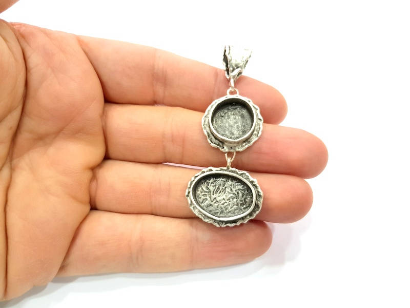 Silver Pendant Blank Resin Blank Mosaic Base Blank inlay Blank Necklace Blank Mountings Antique Silver Plated Brass (63x25mm )  G9712