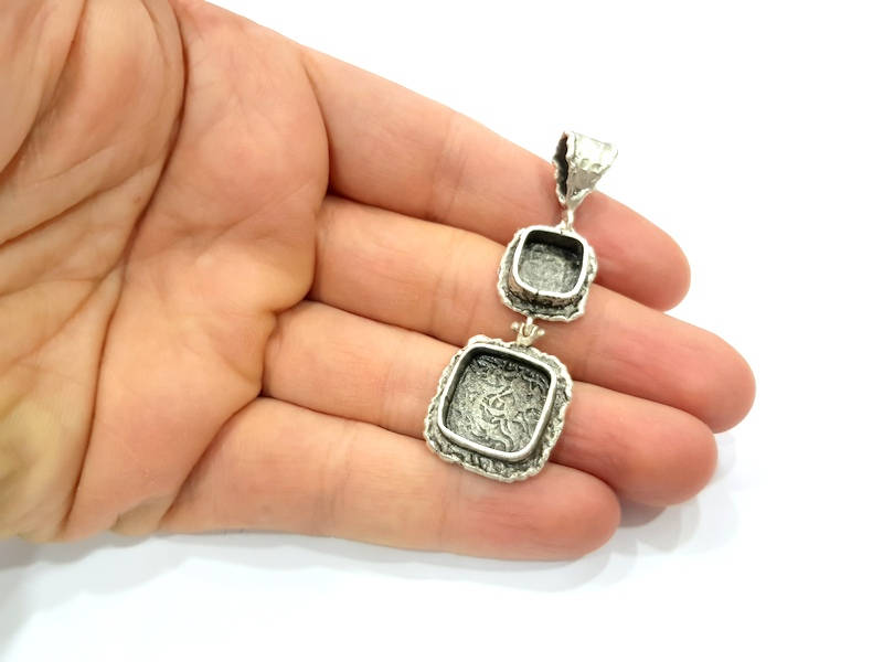 Silver Pendant Blank Resin Blank Mosaic Base Blank inlay Blank Necklace Blank Mountings Antique Silver Plated Brass (61x21mm )  G9715