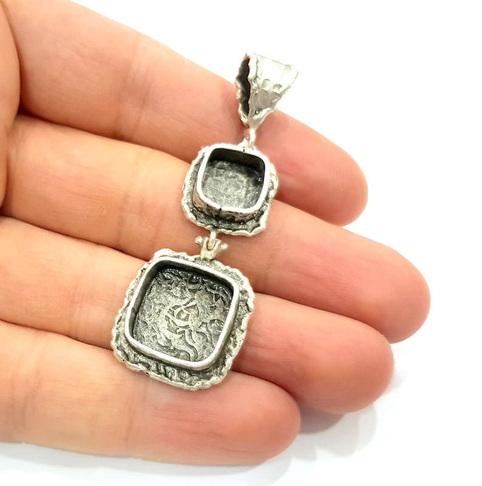 Silver Pendant Blank Resin Blank Mosaic Base Blank inlay Blank Necklace Blank Mountings Antique Silver Plated Brass (61x21mm )  G9715