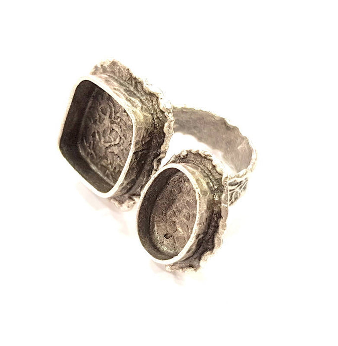 Silver Ring Setting Resin Ring Bezel Blank Cabochon Base Adjustable inlay Ring Mounting (14mm and 14x10mm) Antique Silver Plated Brass G9733