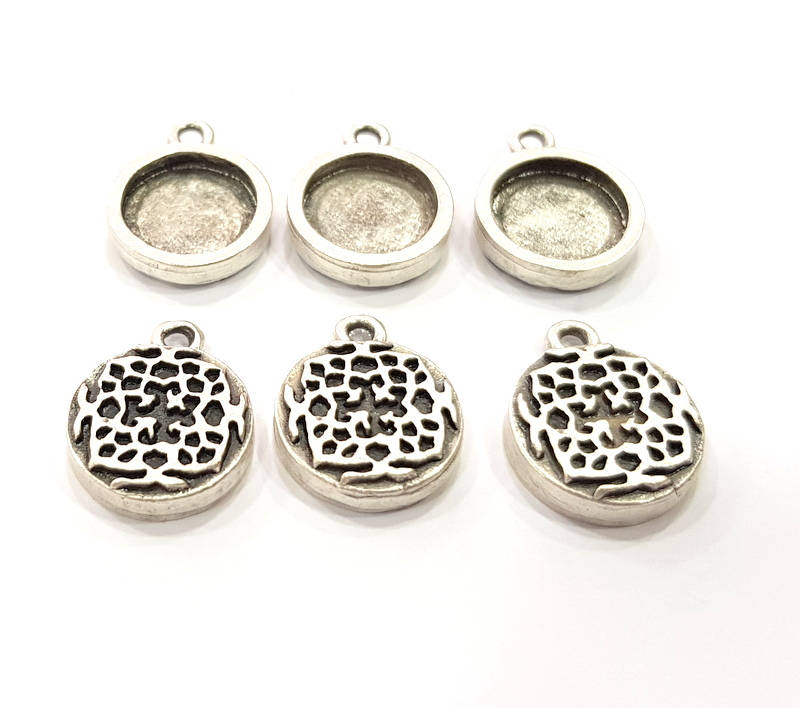 6 Silver Pendant Blank Bezel Base Setting inlay Blank Earring Base Resin Blank Mountings Antique Silver Plated (12mm round blank)  G11637