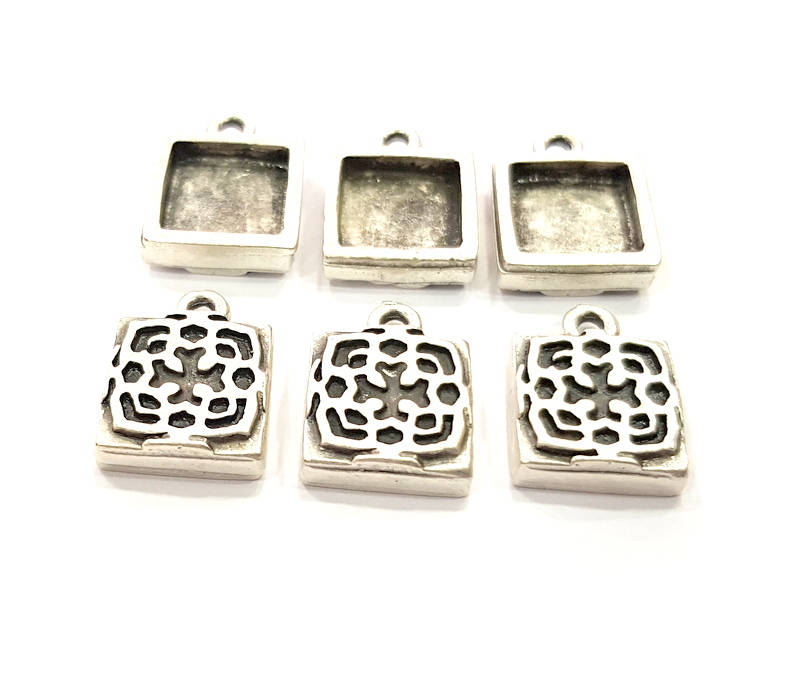 6 Silver Pendant Blank Bezel Base Setting inlay Blank Earring Base Resin Blank Mountings Antique Silver Plated (10mm square blank)  G11638