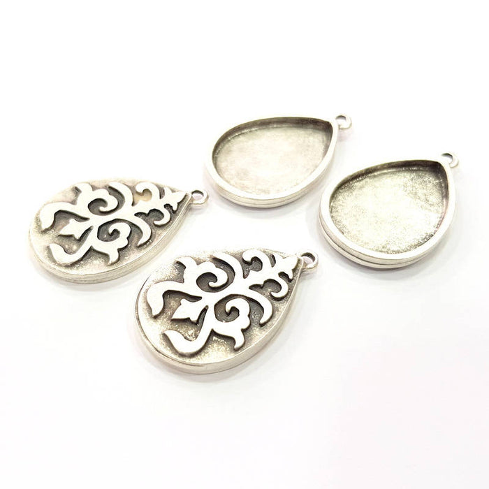 4 Silver Pendant Blank Bezel Base Setting inlay Blank Earring Base Resin Blank Mountings Antique Silver Plated (25x18mm drop blank)  G11640