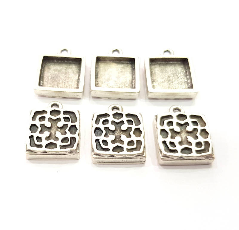 6 Silver Pendant Blank Bezel Base Setting inlay Blank Earring Base Resin Blank Mountings Antique Silver Plated (12mm square blank)  G11641