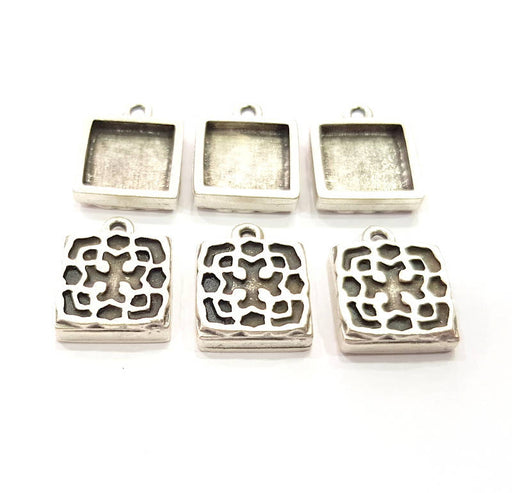 6 Silver Pendant Blank Bezel Base Setting inlay Blank Earring Base Resin Blank Mountings Antique Silver Plated (12mm square blank)  G11641
